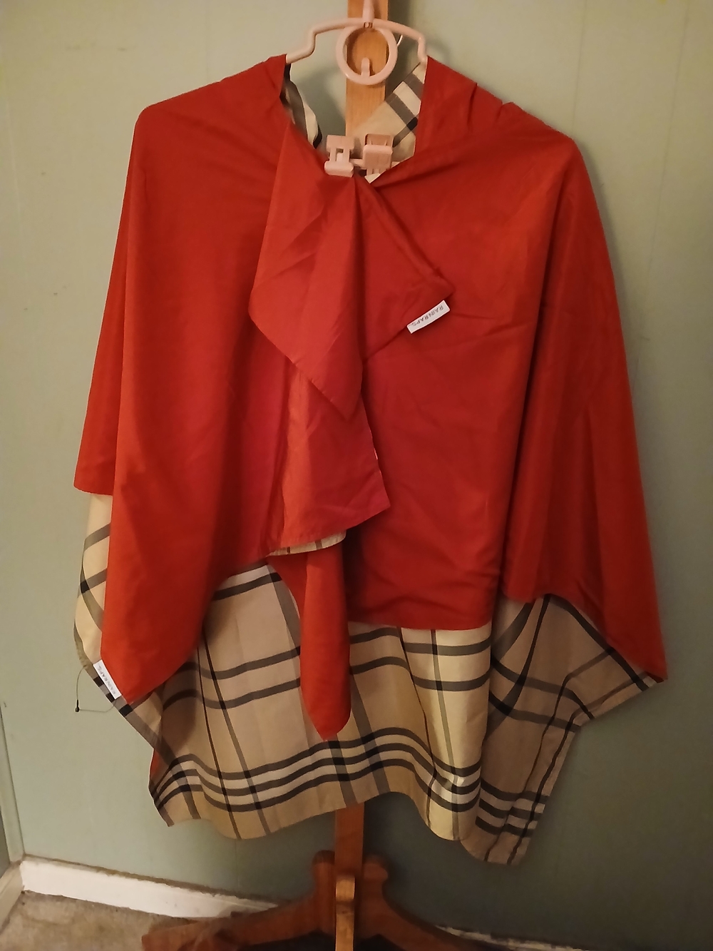 Red Hooded Women's Cape with Plaid Hem